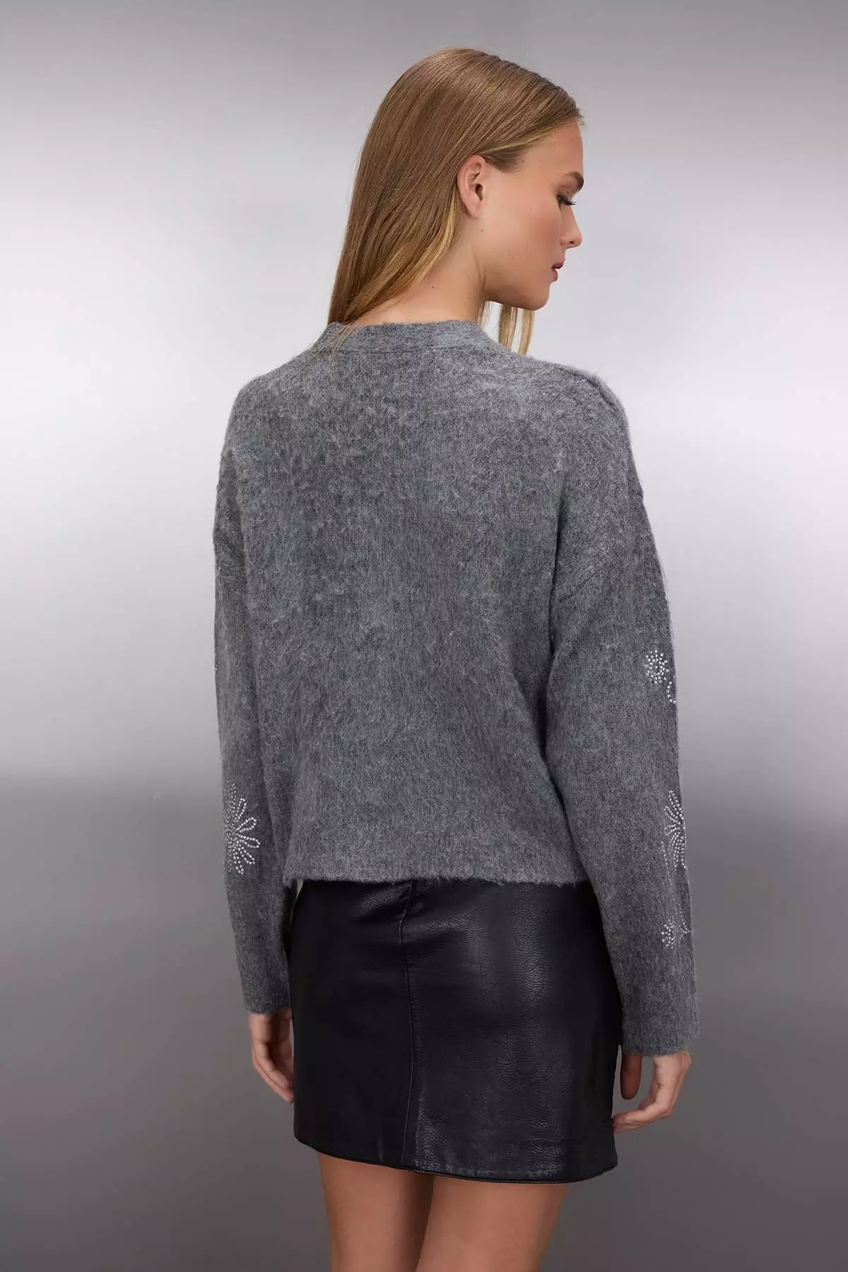Dark Gray Soft Texture Wide Fit Stone Embroidered Knitwear Cardigan