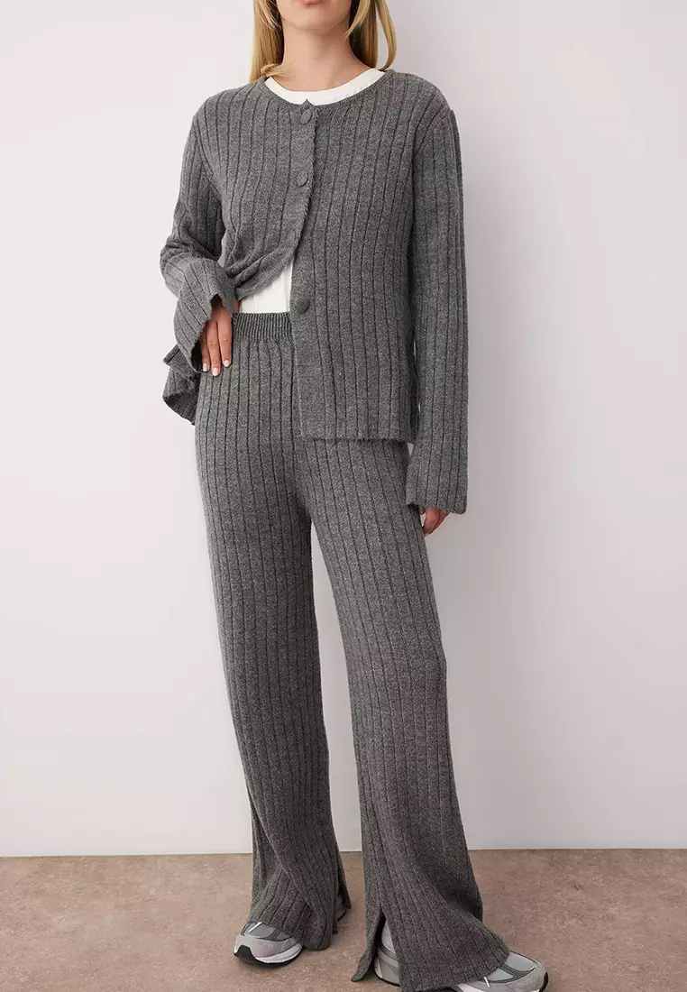Anthracite Soft Texture Sweater Pants Knitwear Bottom Top Set