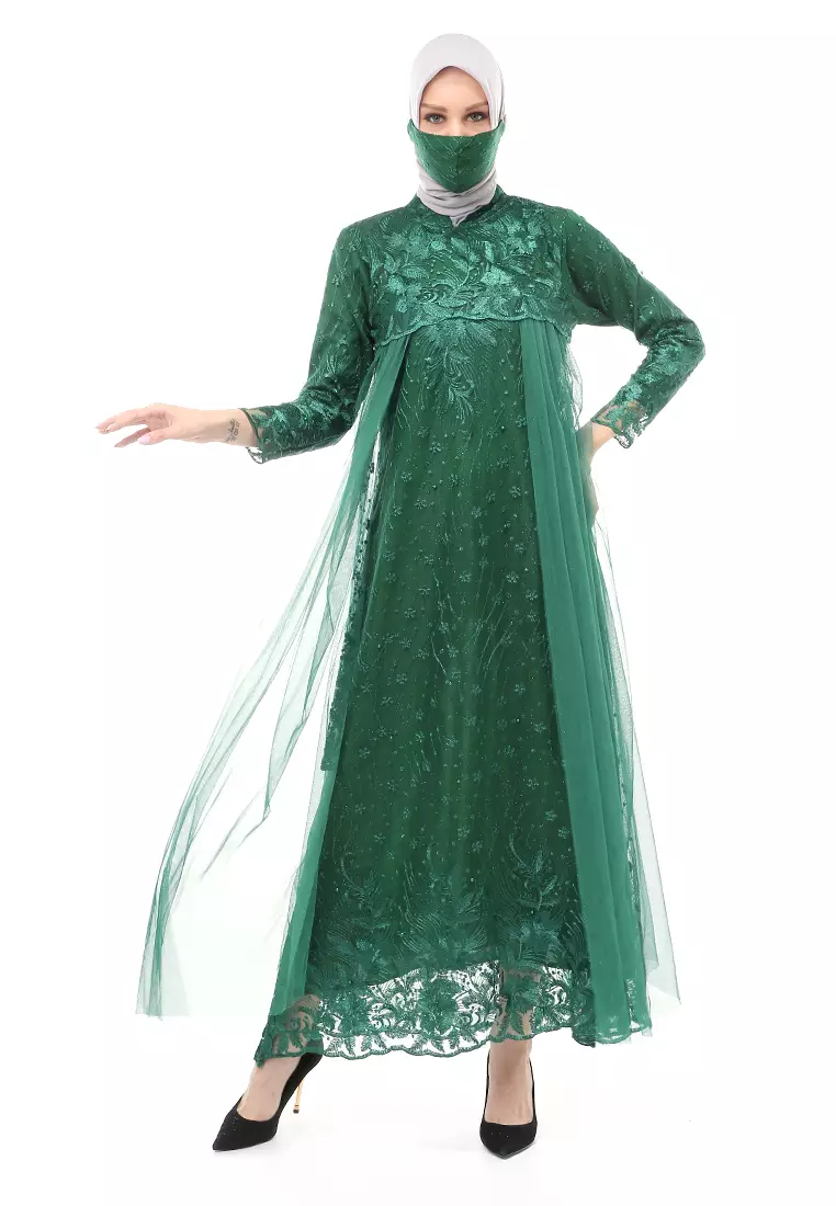 Marlina Gamis Kebaya Muslimah Panjang Motif Polos Long Sleeve Regular Fit - Green
