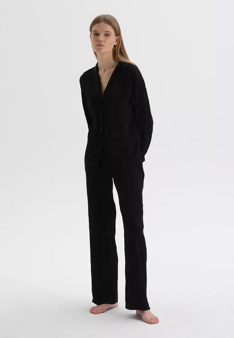 Black Pyjama Bottom, Floral, Regular Fit, Wide Cut, Homewear And Sleepwear for Women
