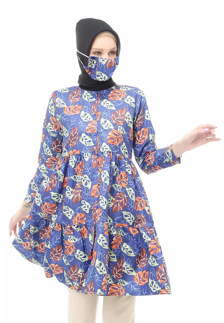 Sania Tunik Muslimah Atasan Wanita Long Sleeve Free Face Mask Premium Quality - 10 Navy
