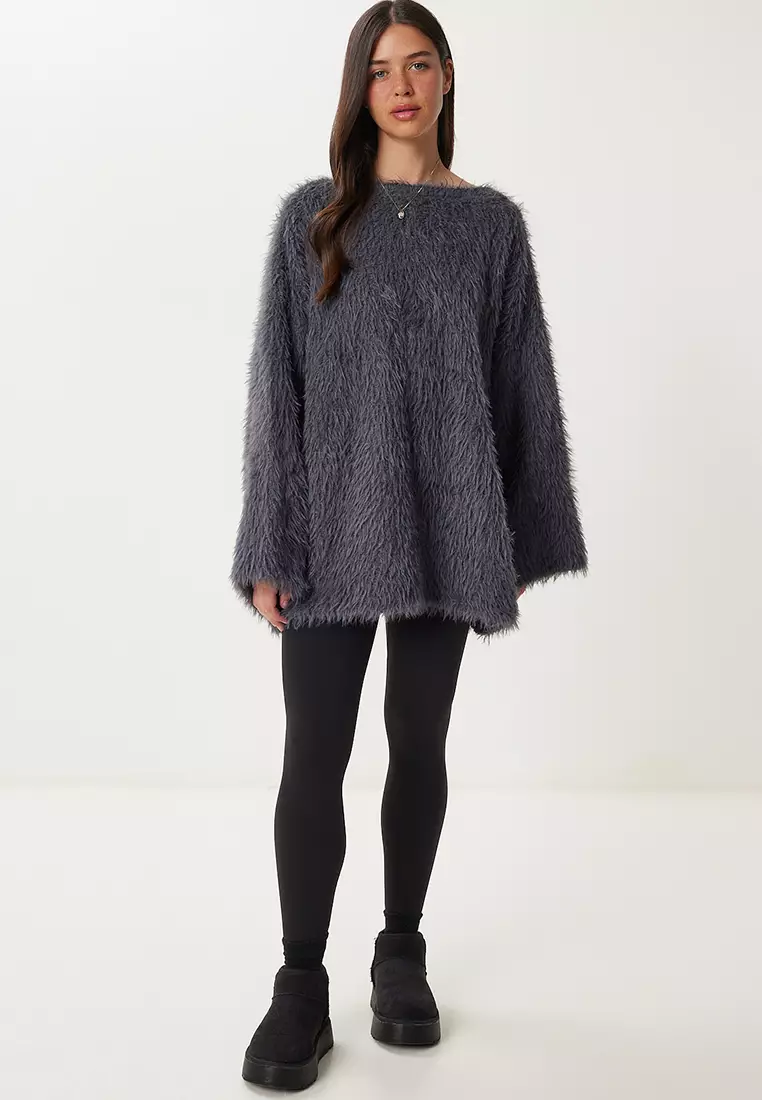 Women's Gray Soft Textured Bearded Knitwear Sweater Ki̇00133