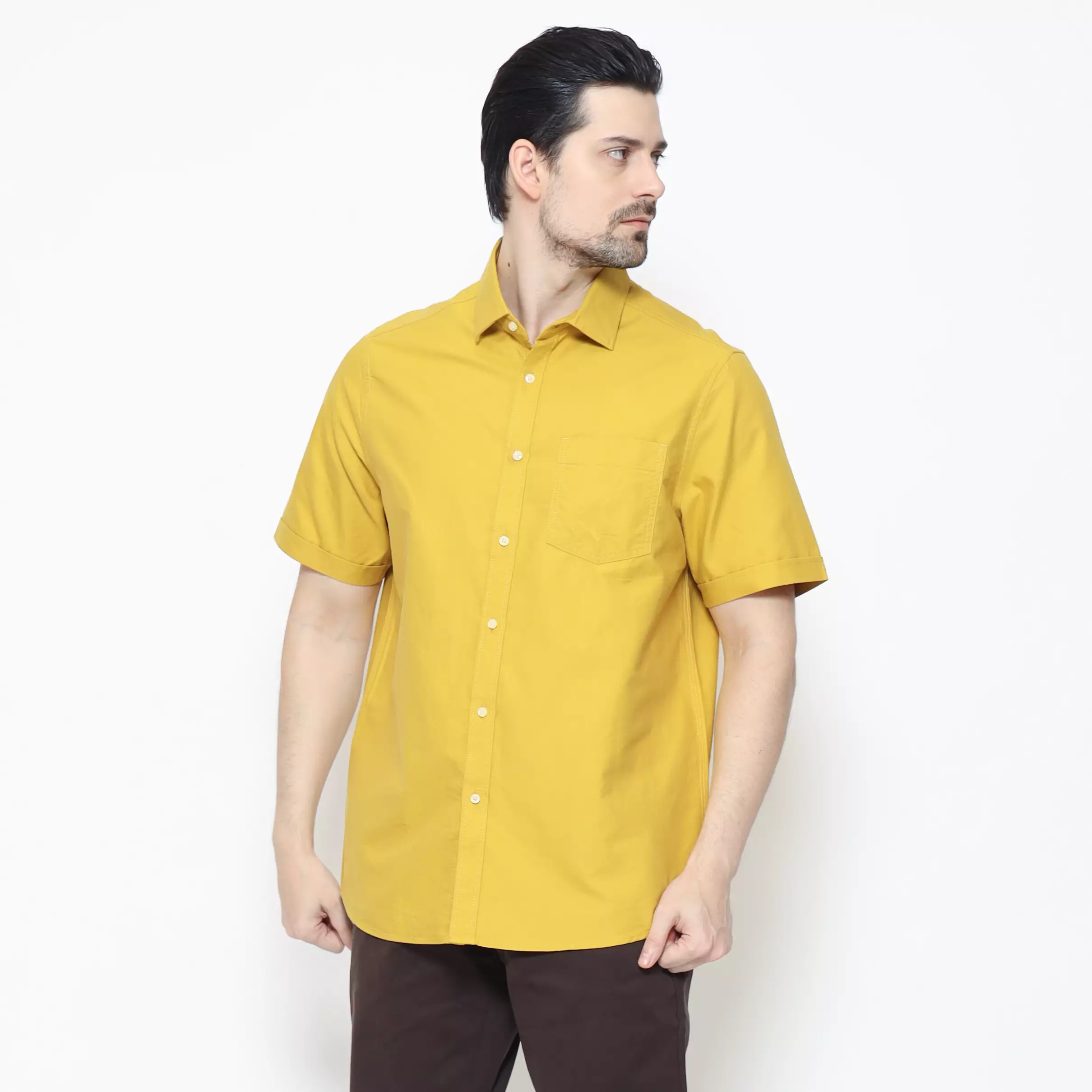 Lawell Kemeja Casual Pria Lengan Pendek Regular Fit Warna Yellow – Cotton Oxford Kecil – KING-MSRC