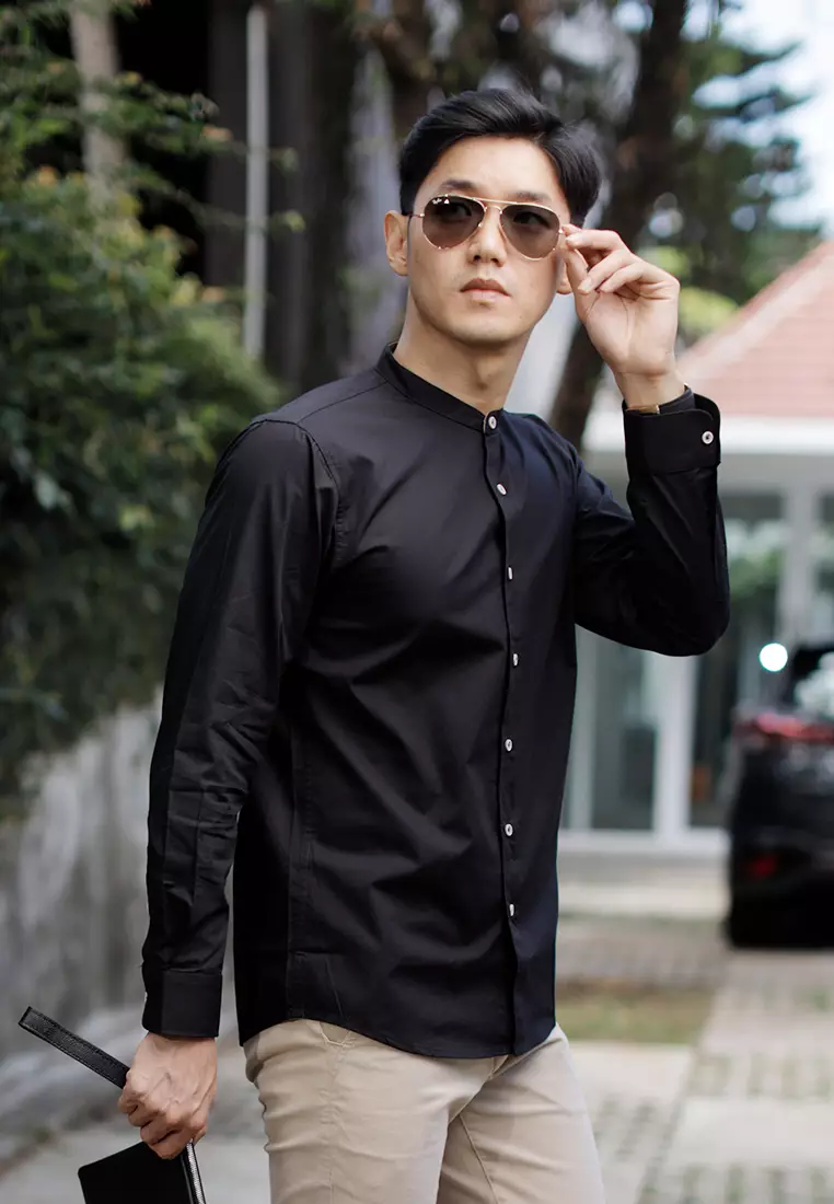 Kemeja tangan panjang Collarless koko cotton oxcon black