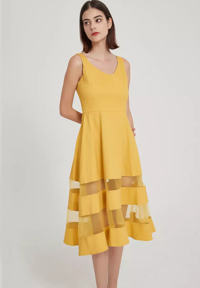 Original Design Elegant Temperament Sleeveless V-Neck Transparent Color block   A-Line One Piece Dress B22041206YE