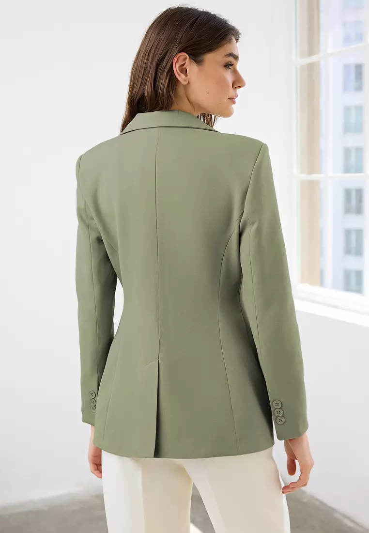 Light Khaki Fitted/Waist-Fitted Woven Blazer Jacket Twoaw26Bc