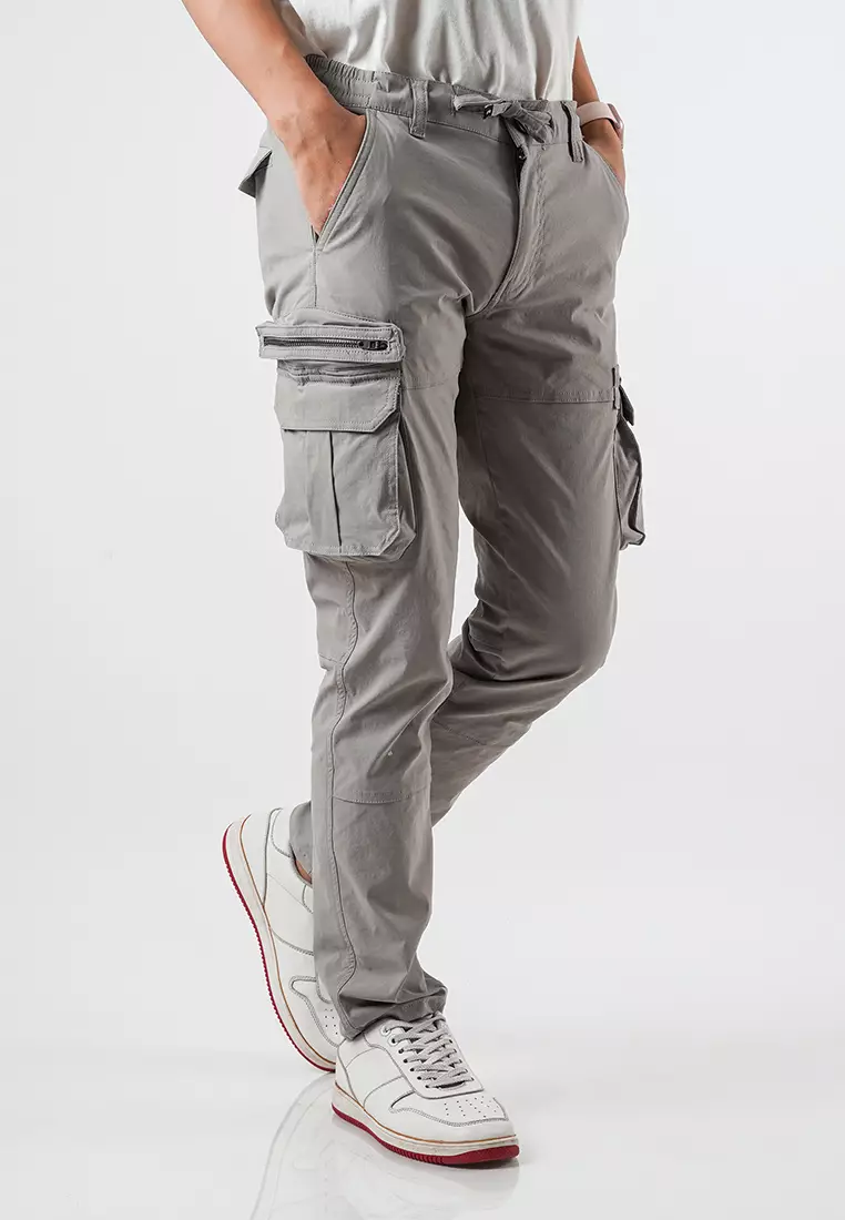 OXCON Celana Cargo Panjang Pria Pinggang Karet Slimfit Sparta Light Grey