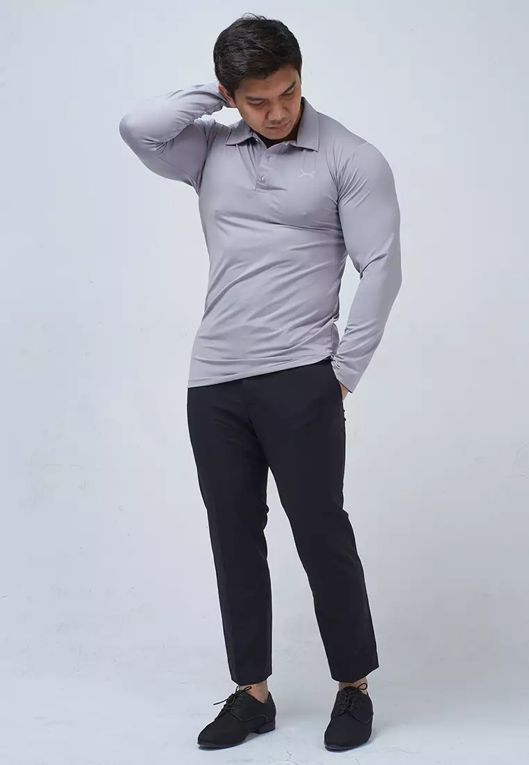 Polo Shirt Long Sleeves Casual Formal Grey