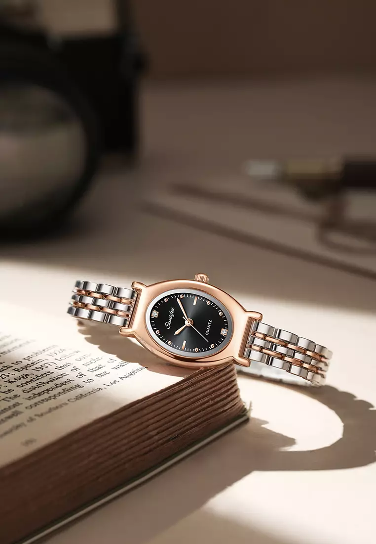 Jam Tangan Wanita Original Oval Korea Elegan Vintage Kuarsa Tali Alloy Jam Tangan CewekA008 rose black