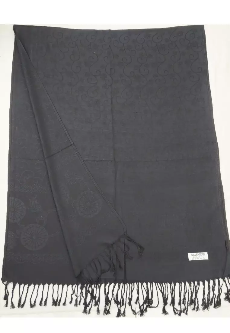 Aksesoris Wanita Reversible Viscose Circular Vine  Pattern Pashmina Shawl Syal Wanita Black