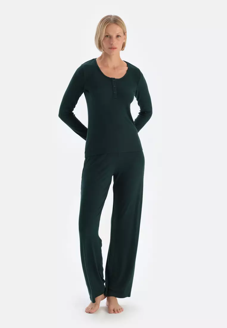 Buy DAGİ Dark Green T-Shirt Trousers, U-Neck, Regular Fit, Long