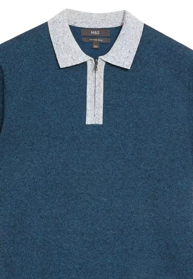 Jual Marks & Spencer Cotton Rich Zip Neck Knitted Polo Shirt Original ...