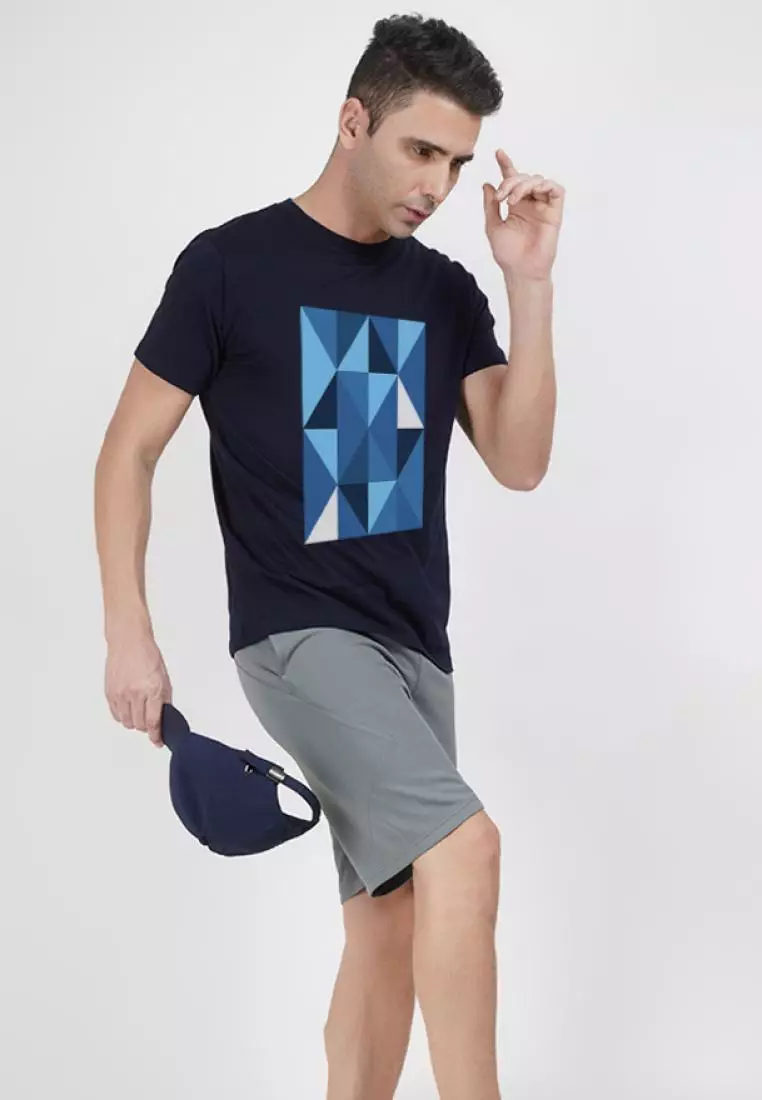 Geometric Print Graphic Navy Blue Cotton Blend Short Sleeve Regular Fit Tee