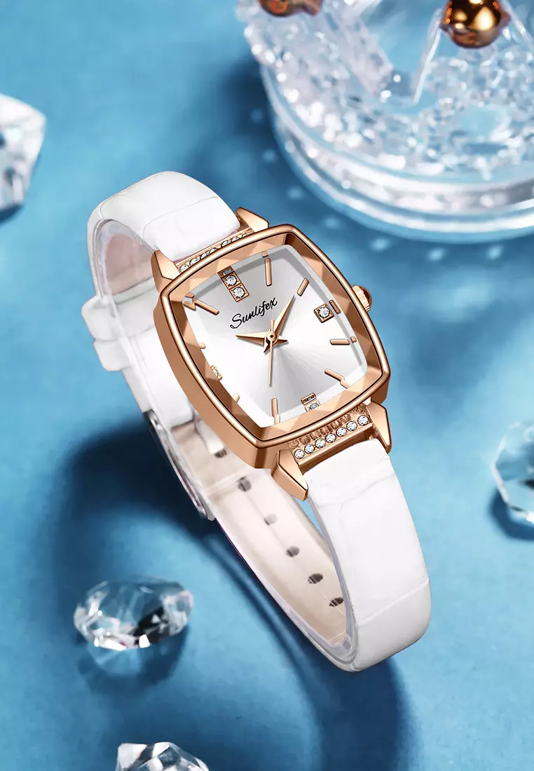 Jam Tangan Wanita 8006 Kuarsa Wanita Tali Kulit Berlian Jam Tangan Cewek Original white