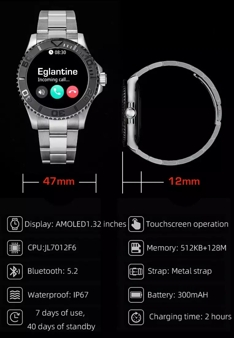 Sport/Luxury Smart Watch, Daily Life Waterproof, Stainless Steel Bracelet + 1 free Silicone Strap