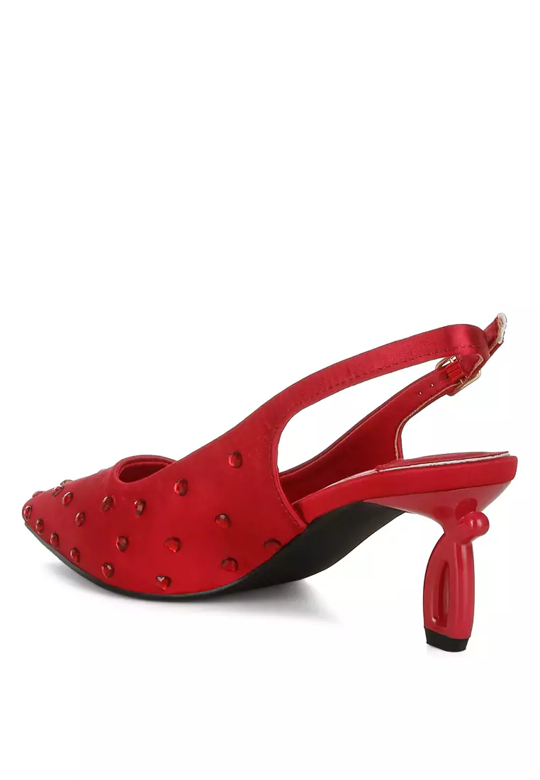 Heart-Shaped Rhinestone Studded Slingbacks in Burgundy