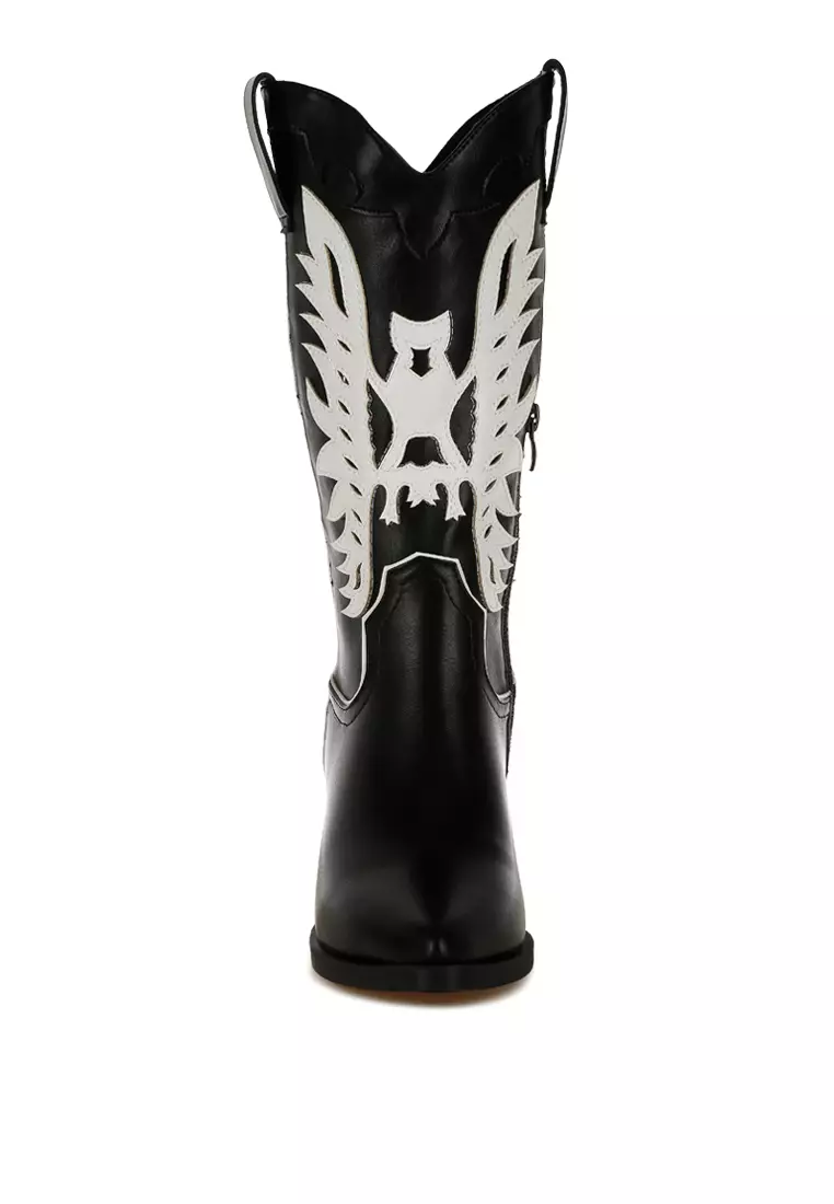 Winged Patchwork Cowboy Boots in Black