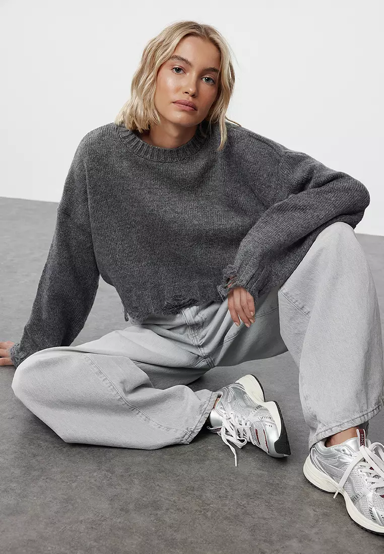 Anthracite Crop Super Wide Pattern Soft Texture Knit Sweater TWOAW24KZ00319