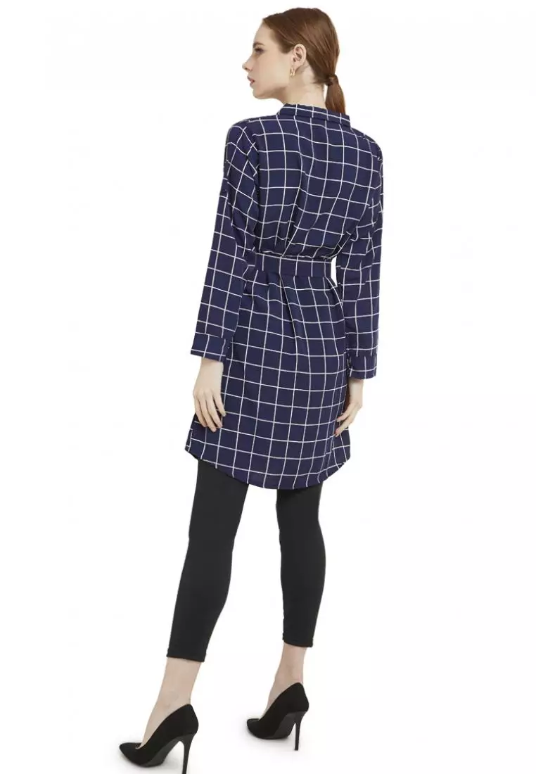 Tunik Square Lengan Panjang Baju Wanita Kotak-Kotak Regular Fit - Navy