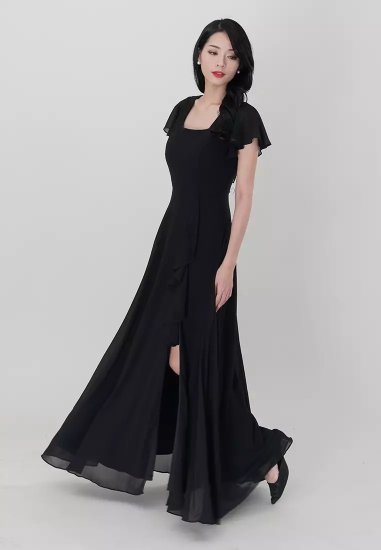 方领雪纺长裙开衩连衣裙