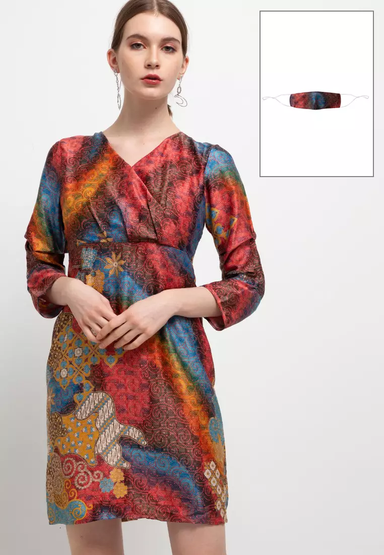 Mia Dress In Orange Print W/Mask