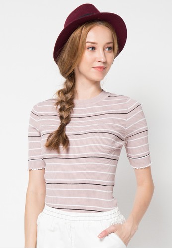 3/4 Sleeve Stripe Top Brown (Free Size)