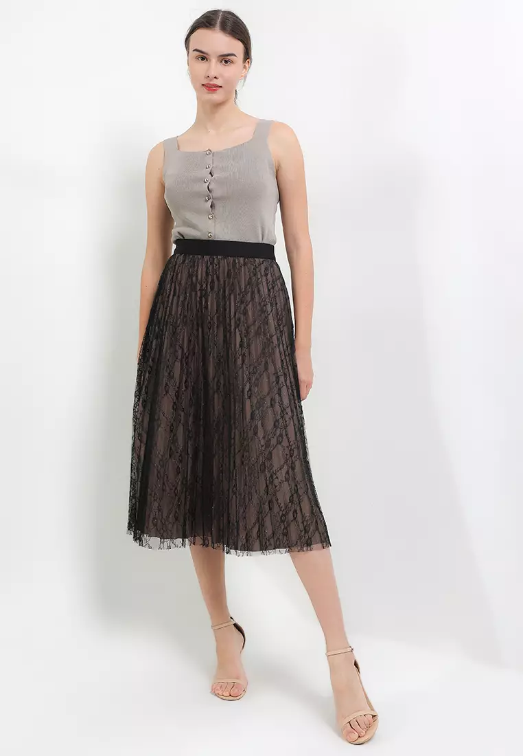 Pleated Lace Midi Skirt W/ Studs Lining
