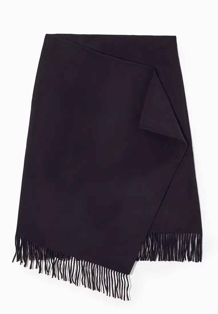 Fringed Wool Midi Wrap Skirt