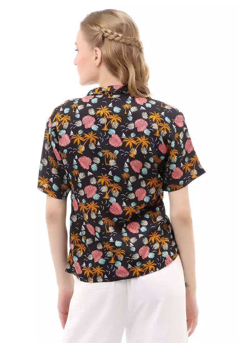Holly Atasan Kasual Kemeja Wanita Hawai Jasmine Lengan Pendek Material Rayon ORIGINAL - Black