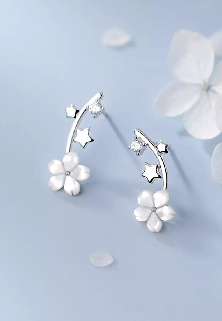 925 Silver Zircon Artificial Shell Stone Floral Earrings JW AR-M00726