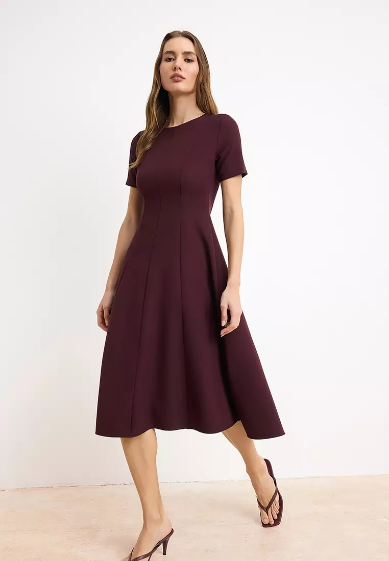 Dark Burgundy Straight Skirt Waist Opening Midi Woven Dress Twoss25El79