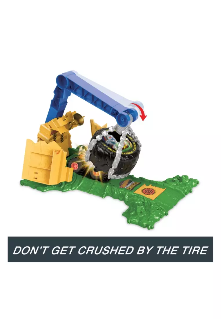 Hot Wheels Monster Trucks Rhinomite Chargin’ Challenge Playset With 1 Toy Truck & 2 Crushed Cars