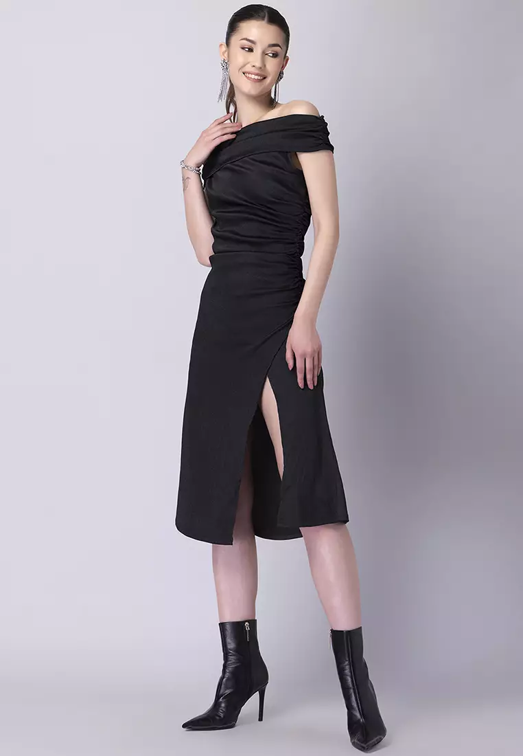 Black Off Shoulder Front Slit Dress