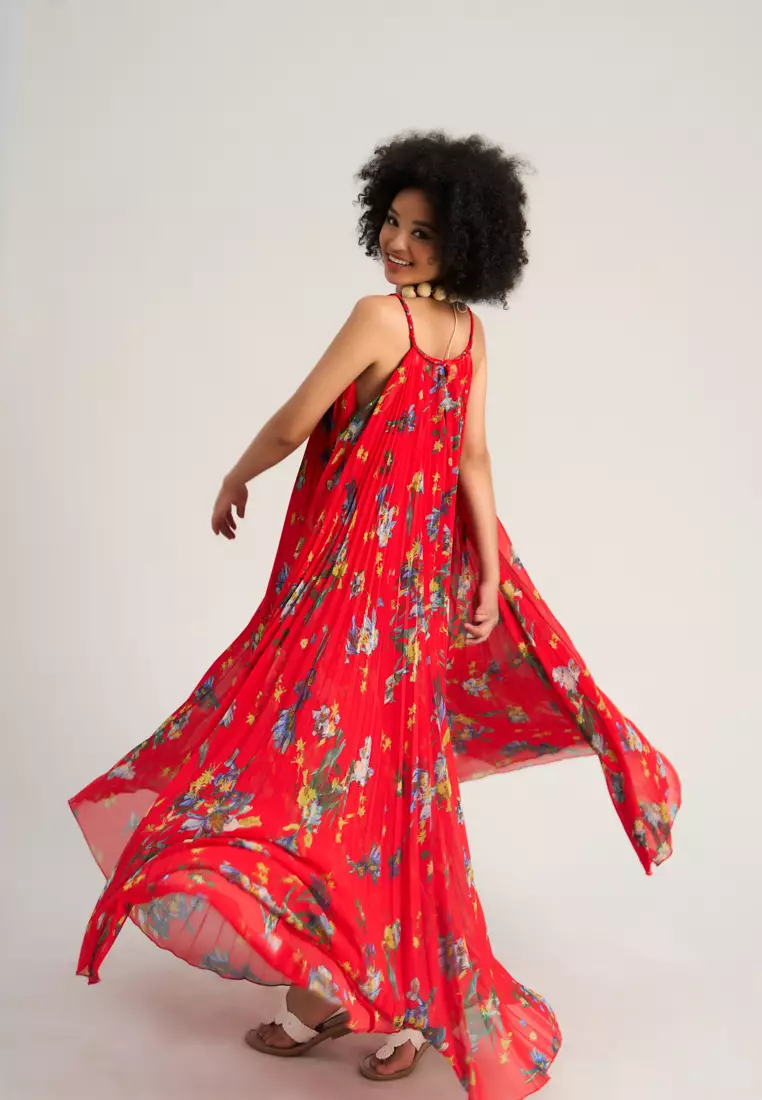 純紅色雪紡長連身裙