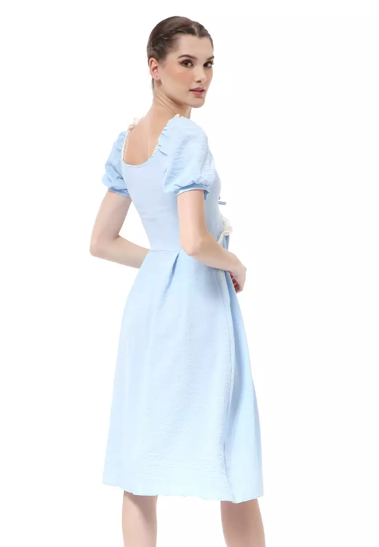 Rachel Slim Dress Wanita Model A-line Lengan Pendek Material Cotton ORIGINAL - Blue