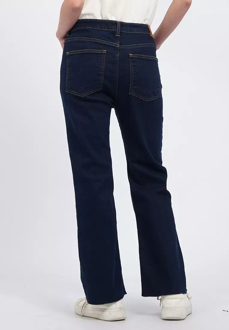 Straight Unfinished Hem Denim Pants DARK BLUE