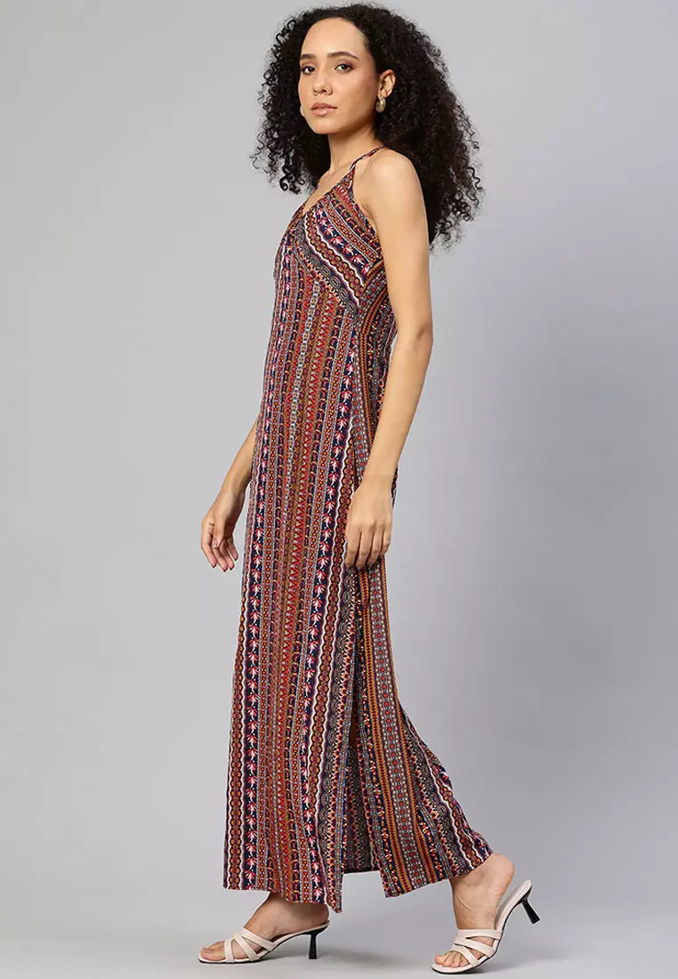 Gaun Maxi Belahan Samping Belakang Silang Warna Multi