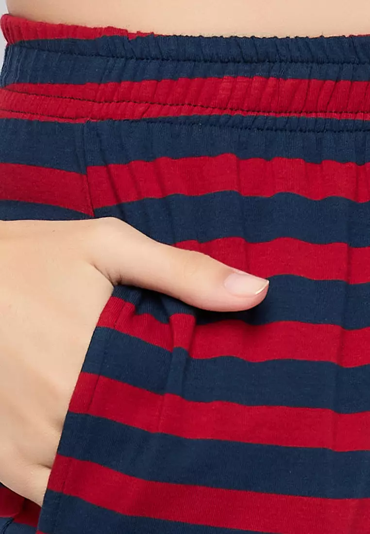 Clovia Striped T-shirt & Pyjama Set in Maroon & Navy Blue - 100% Cotton