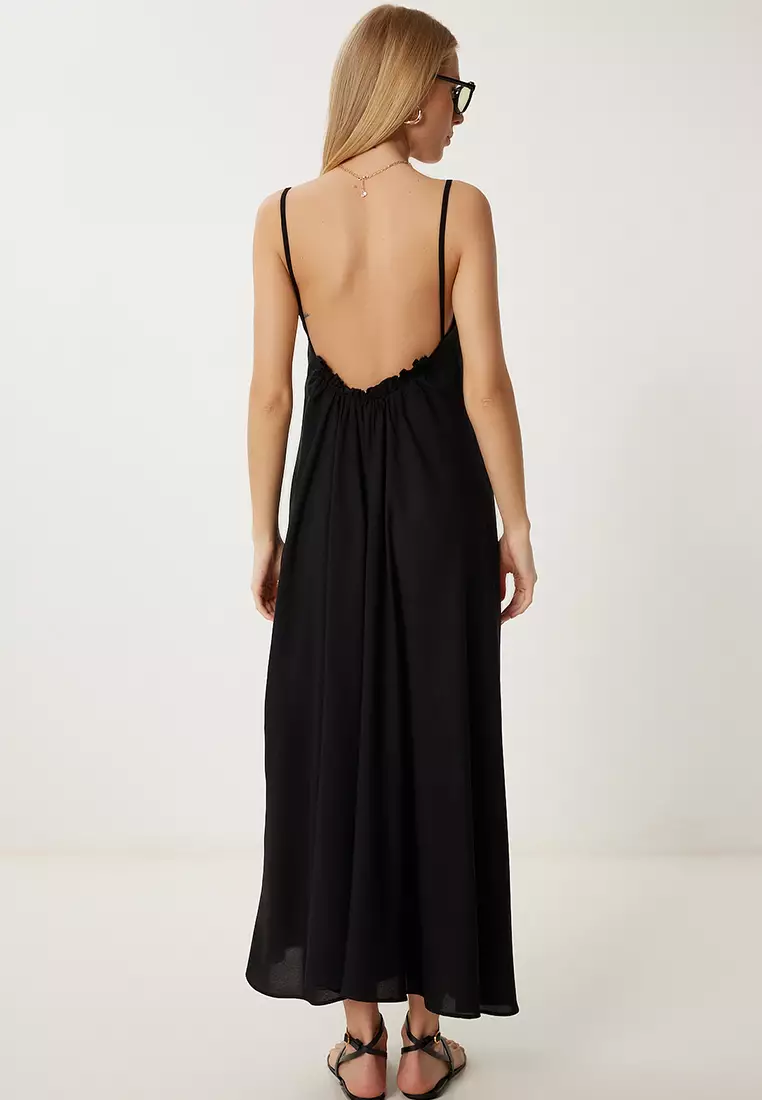 Women's Black Strap Summer Long Viscose Dress Fg00024