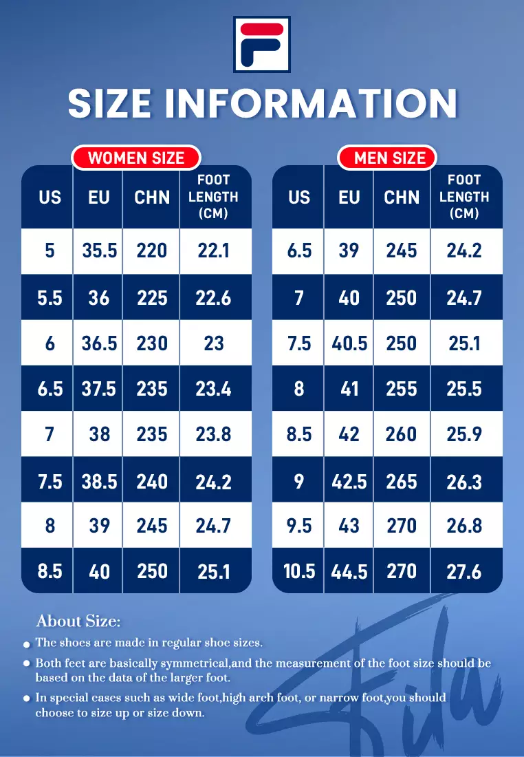 Fila womens shoes size chart hot sale