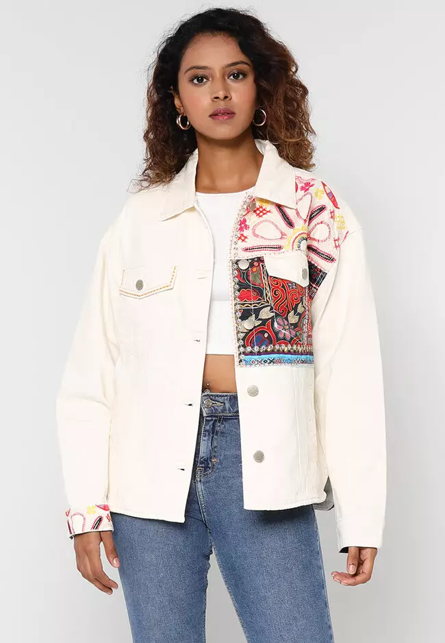 White embroidered denim hotsell jacket