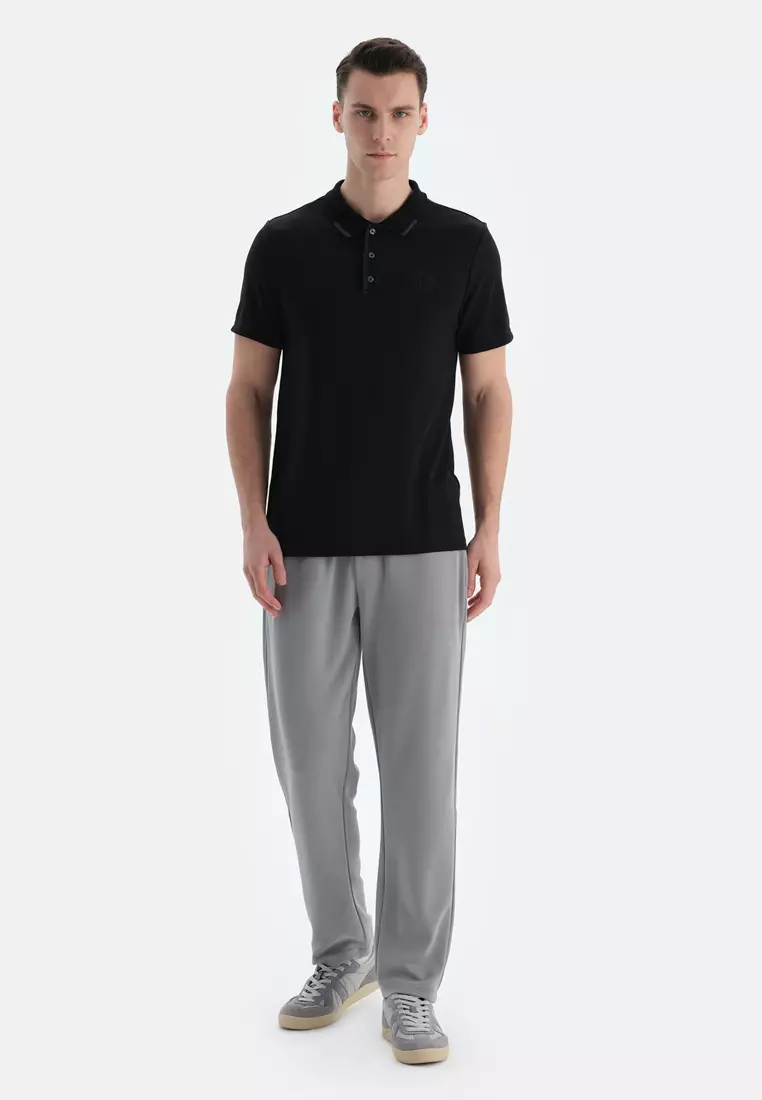 Black T-Shirt, Logo, Button-down Collar, Regular, Short Sleeve Activewear for Men