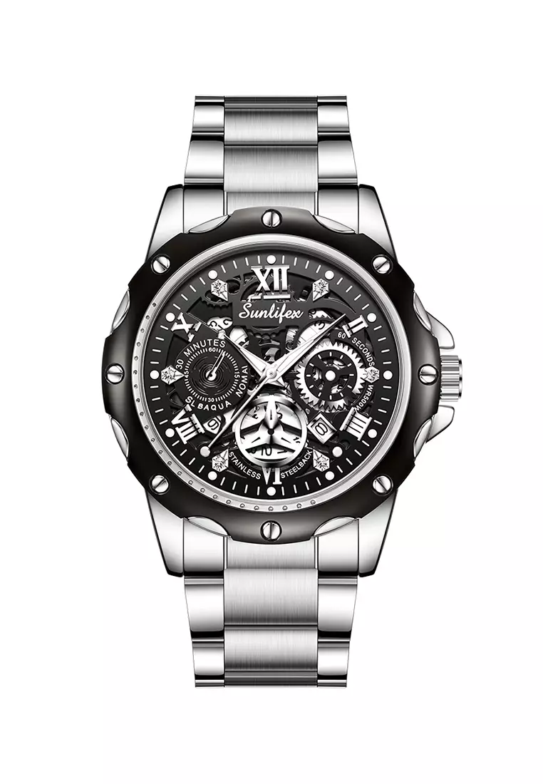 Jam Tangan Pria Kuarsa Luminous Tanggal Kasual Tali Stainless Steel Jam Tangan Cowok 8080 Silverblack