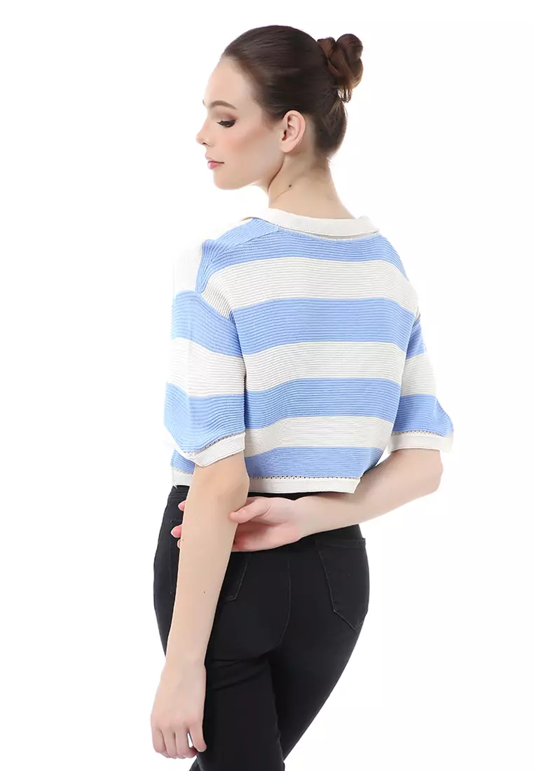 Albertine Atasan Crop Wanita Lengan Pendek Motif Salur Material Rajut ORIGINAL - Blue