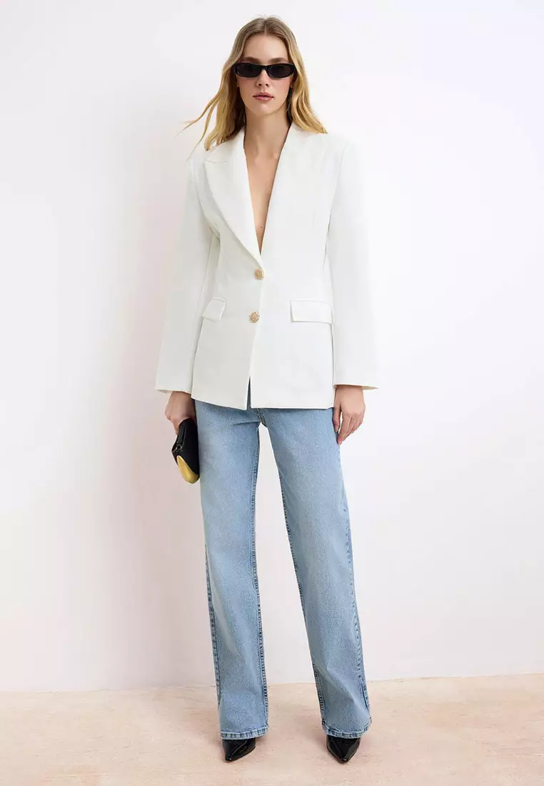 White Fitted/Body-Fitting Accessory Buttoned Collar Detailed Lined Padded Blazer Jacket Twoss26Bc28