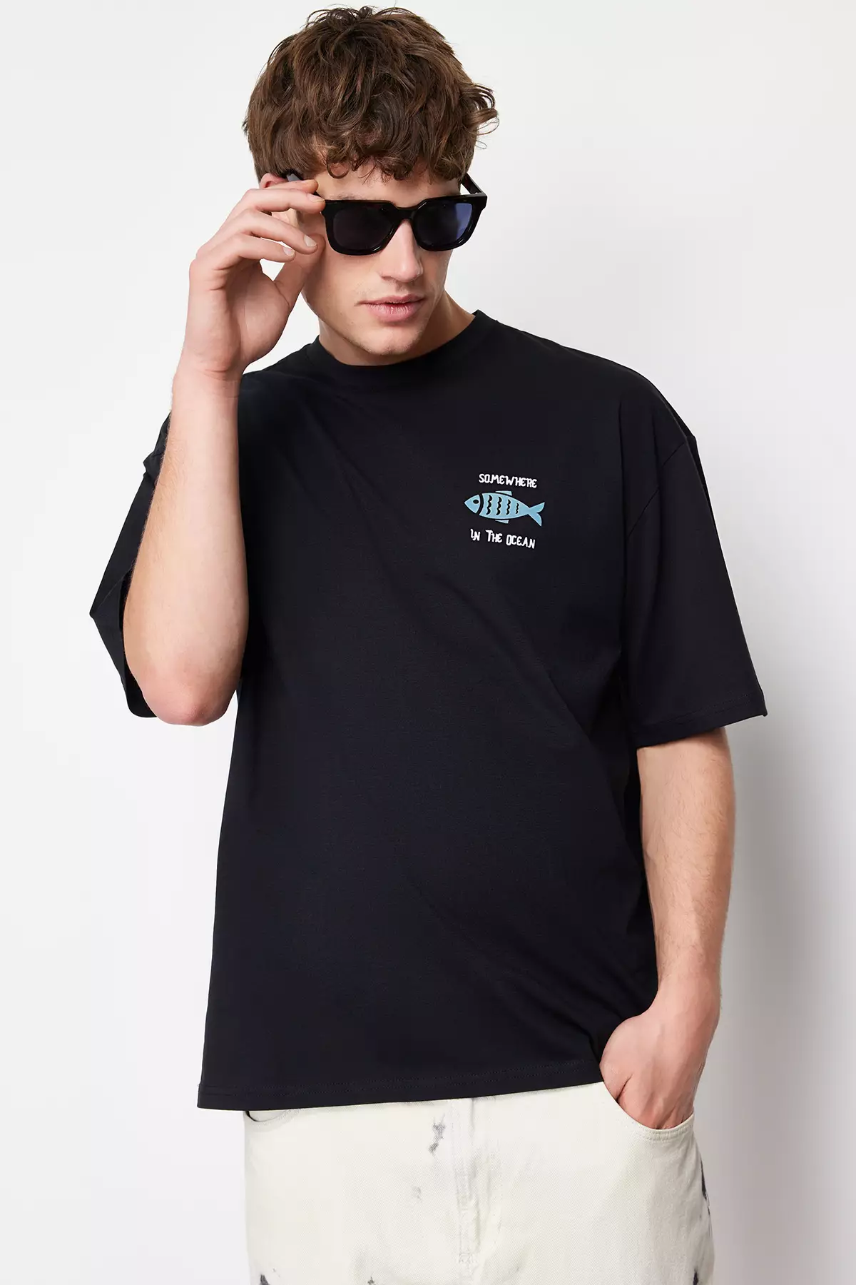 Black Oversized /Wide Cut 100% Cotton Velvet Texture Printed T-Shirt Tmnss22Ts0318