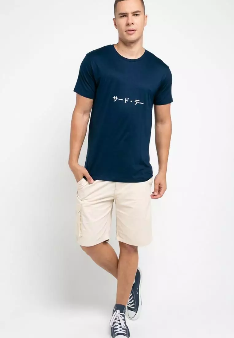 MTH43 Kaos Pria Simple Jepang Katakana belly t-shirt unisex navy