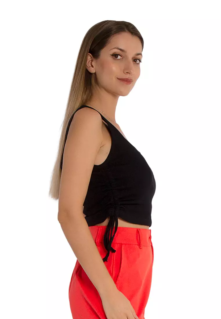 Black Tank Top - Satin Ruched Tank Top - Smocked Tank Top With Shoulder Ties