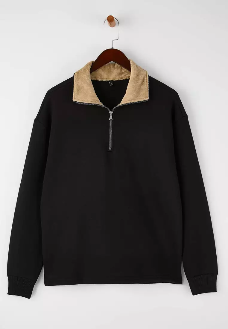 Black Collar Detailed Stand Collar New Oversize/Wide Cut Thick/Fleece Lined Sweatshirt Tmnaw26Sw00003