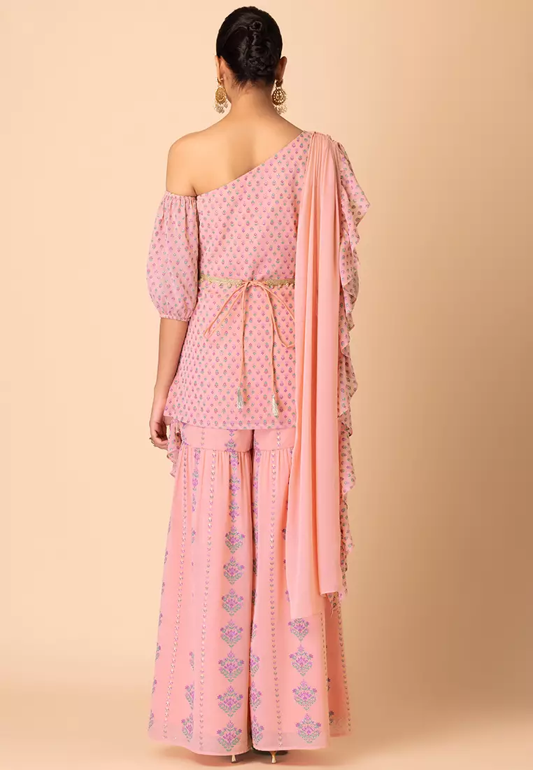 Pastel Pink Floral Print Sharara And Short Kurta With Attached Ruffled Dupatta And Belt (Set of 3)